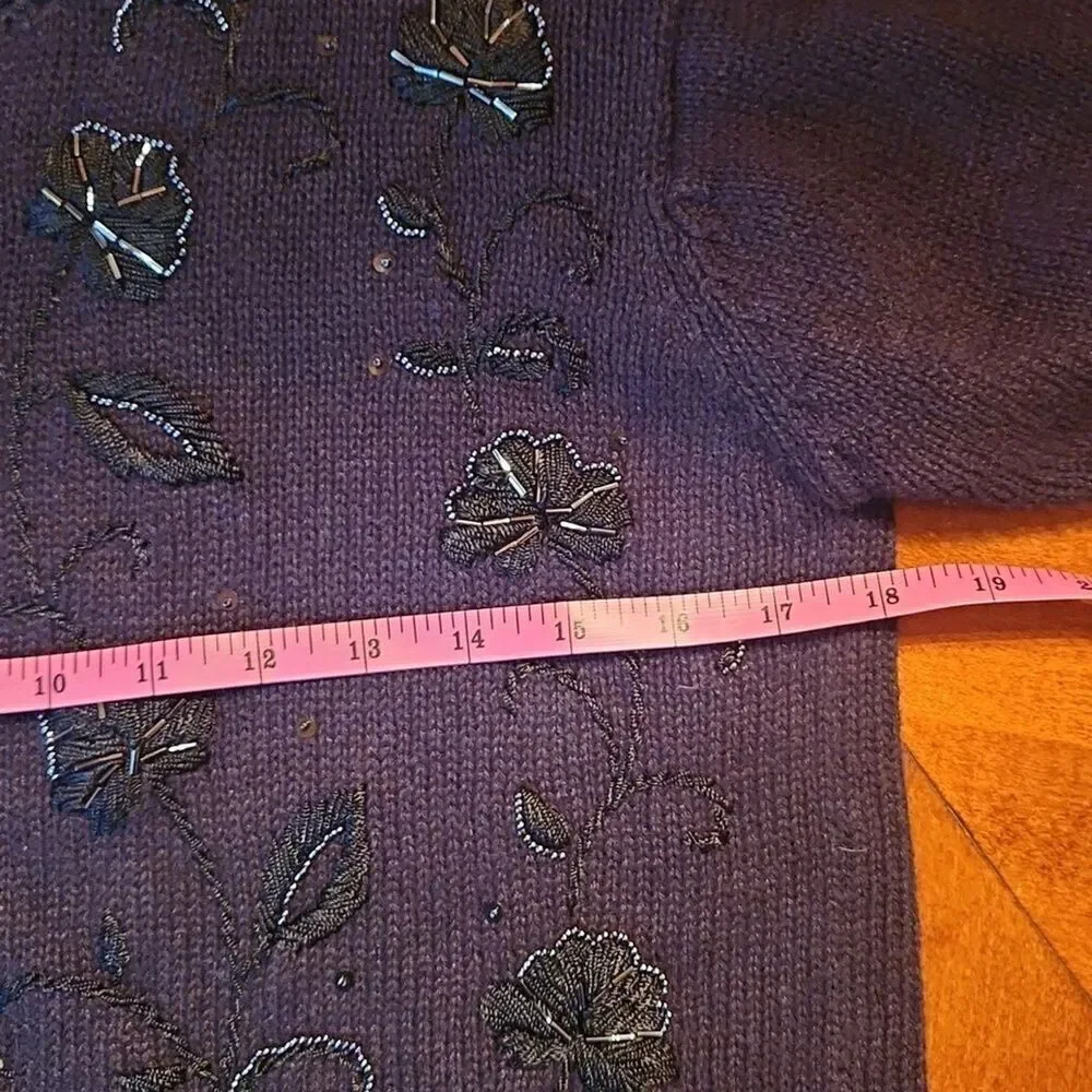 Kathie Lee Collection Vintage Beaded Floral Embellished Cardigan, Medium, Black